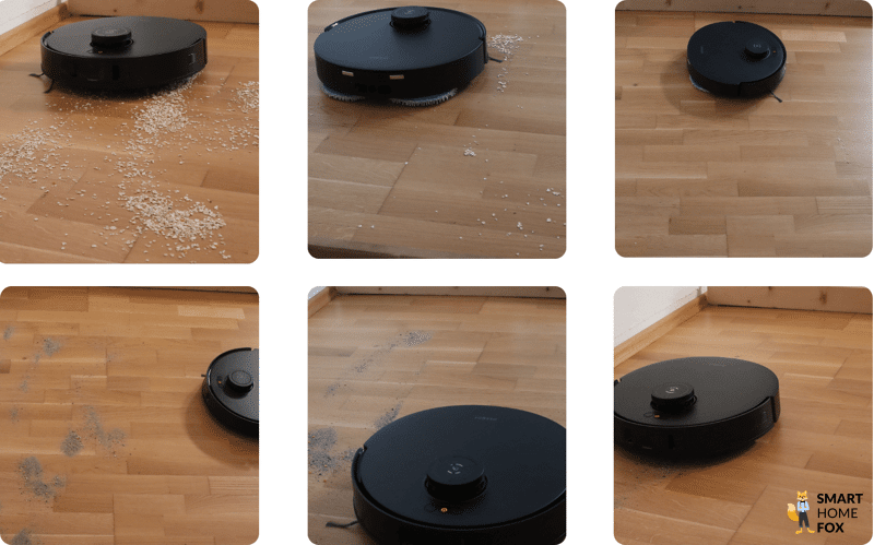 Das Saugtest-Ergebnis des ECOVACS DEEBOT T30S COMBO COMPLETE auf dem Hartboden ist übersichtlich zu sehen.